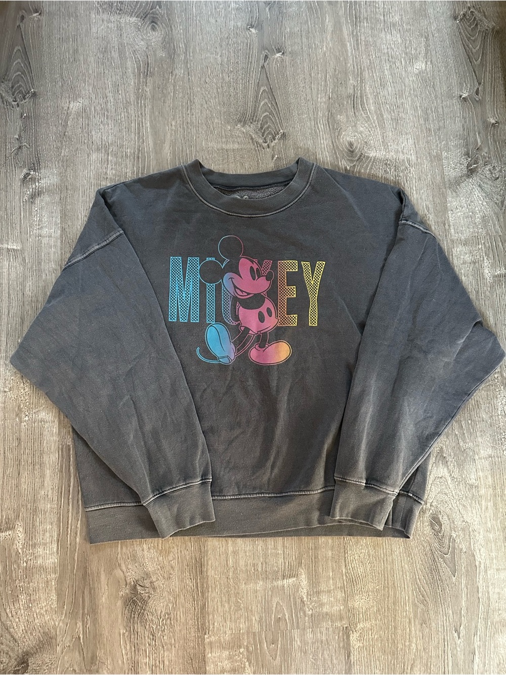 Disney Grey Distressed Crewneck Sweatshirt with Colorful Mickey Graphic